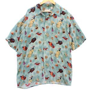 Vintage Burma Bibas Silk Shirt Mens Multicolor Button Down All Over Print XL